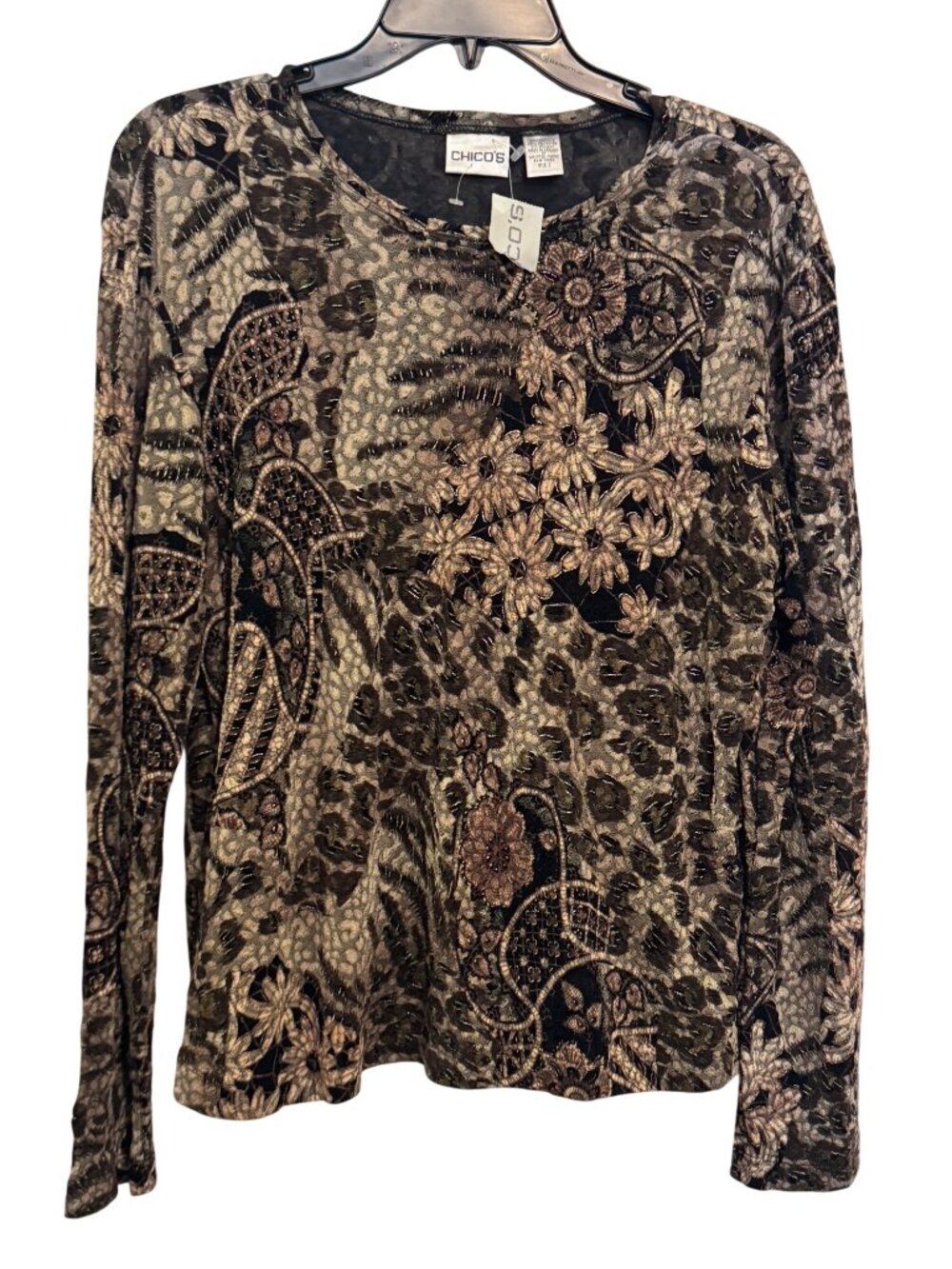 Chicos Floral Velvet Long Sleeve Top Size 2 Brown & Black Made In Canada